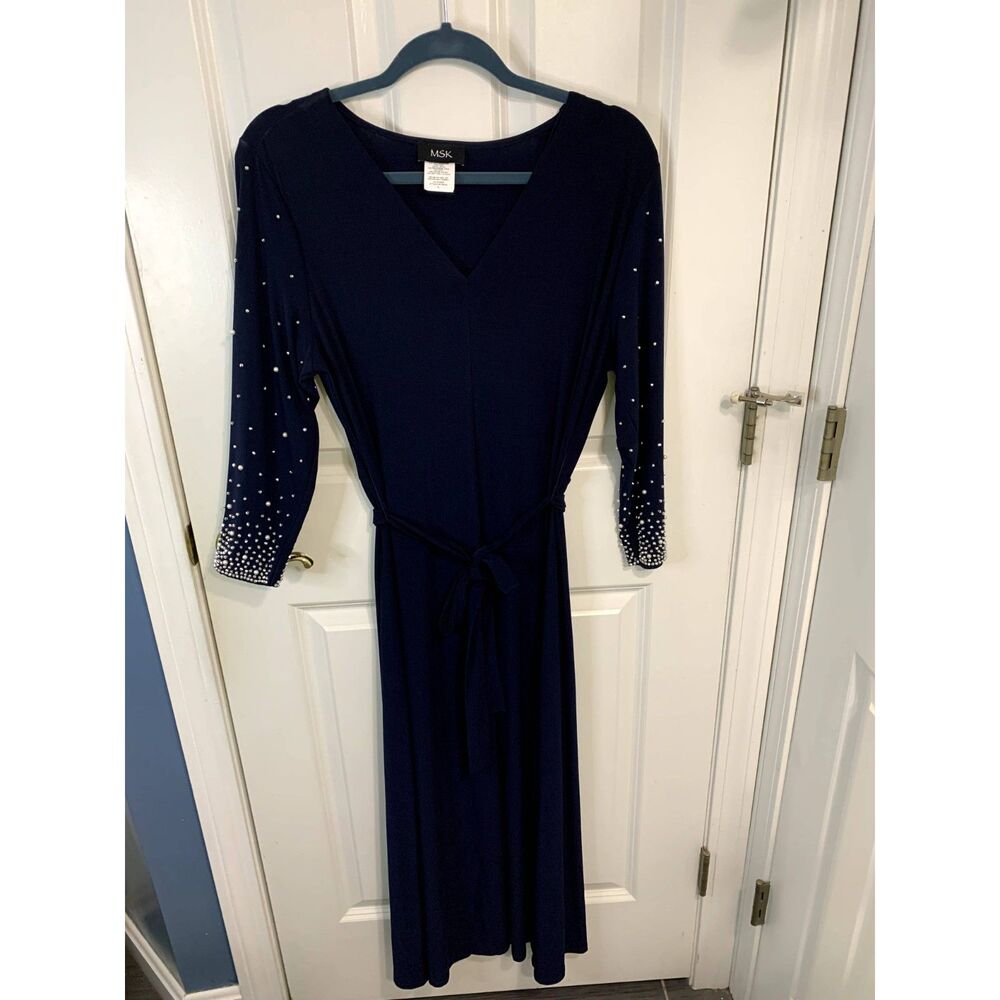 MSK Blue 3/4 Embellished Sleeve Fit and Flare Dress Size Large